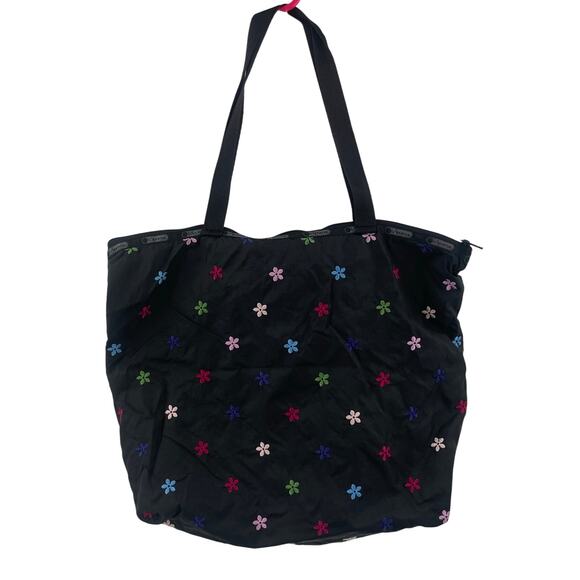 LESPORTSAC Bag Flower Embroidery Black Zipper Tote Lightweight Travel MultiColor - Picture 1 of 16
